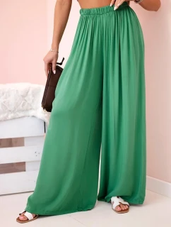 Dámske široké viskózové nohavice s elastickým pásom zelené
