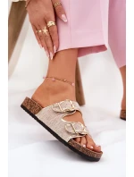 Materiałowe Klapki Damskie Na Korkowej Platformie Z Klamrami Złote Osoffe