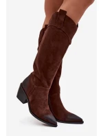 Kozaki Kowbojki Damskie Na Obcasie Z Naturalnego Zamszu Artiker 57C0230 Brązowe