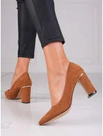 Dámske semišové lodičky na stĺpikovom podpätku GD-OC-100C Camel hnedá - GOODIN