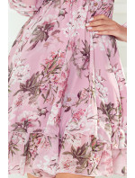 MONICA - Špinavo ružové dámske šifónové šaty s výstrihom so zaväzovaním as kvetinovým vzorom 410-1