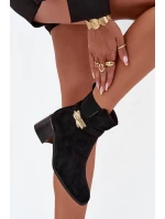 Ocieplane Botki Damskie Ze Złotą Ozdobą Na Klocku Czarne Sarona