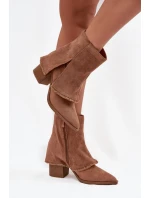 Botki Damskie Na Słupku Z Wywiniętą Cholewką Jasnobrązowe Idalia