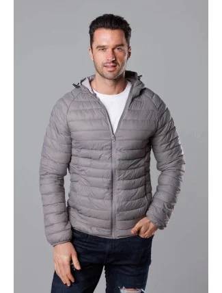 Šedá pánska prešívaná bunda s kapucňou (HM112-3)