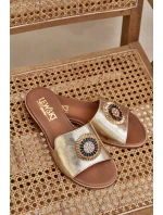 Skórzane Klapki Z Ozdobą Na Płaskim Obcasie Zazoo 3047/O Złote