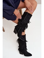 Ocieplane Kozaki Kowbojki Damskie Z Frędzlami Czarne Brivina