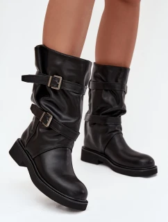 Marszczone Kozaki Damskie Do Połowy Łyski Z Paskami I Klamrami Czarne Halvessa