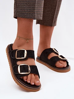 Dámské pantofle z imitace semiše s zlatými přezkami Černé Averia