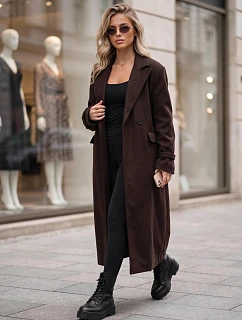 Długi płaszcz damski dwurzędowy w jodełkę czekoladowy FashionStreet NY0838