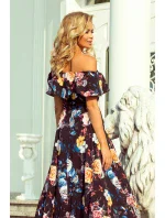 Dlhé dámske čierne šaty s farebnými kvetmi a španielskym výstrihom model 7118058 Dlhé dámske čierne šaty s farebnými kvetmi a španielskym výstrihom model 7118058
