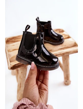 Dziecięce Lakierowane Ocieplane Botki Czarne Porky