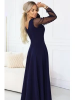 640-3 LORETTA jedinečné dlhé šaty s tylovými rukávmi a výstrihom - tmavomodré