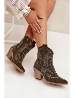 Ocieplane Damskie Botki Kowbojki Ze Zdobieniem Ciemnozielone Lelira