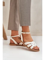 Skórzane Sandały Damskie Na Płaskim Obcasie Zazoo 3688 Ecru