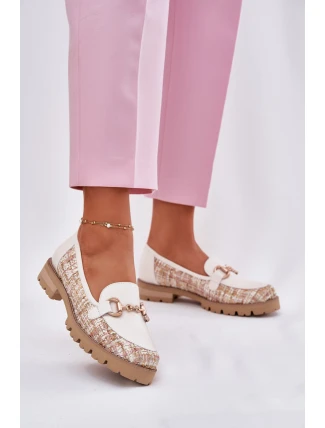 Skórzane Mokasyny Damskie Ze Złotym Detalem Laura Messi 2938 Jasnobeżowe