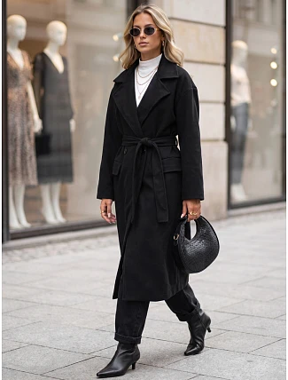 Dámsky dvojradový kabát s opaskom, čierny, FashionStreet NY0784