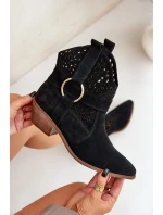 Zamszowe Botki Kowbojki Ażurowe Na Obcasie Zazoo 2994 Czarne Zamszowe Botki Kowbojki Ażurowe Na Obcasie Zazoo 2994 Czarne