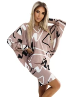 402-8 Sveter pohodlné netopierie šaty - béžové s čiernobielym vzorom