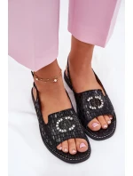 Skórzane Sandały Z Ozdobą Na Płaskim Obcasie S.Barski KV51-096 Czarne