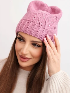 Dámska zimná čiapka s vlnou zdobená flitrami a pleteninou K473 tmavoružová