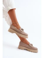 Skórzane Mokasyny Damskie Z Ozdobą Laura Messi 2780 Ciemnobeżowe