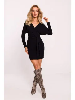 M819 Rebrované pletené zavinovacie šaty - čierne