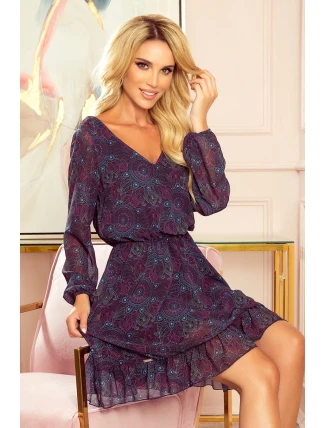 Bakara - vzdušné šifónové dámske šaty s dekoltom a so vzorom ružovo-svetlomodrých mandál 295-4