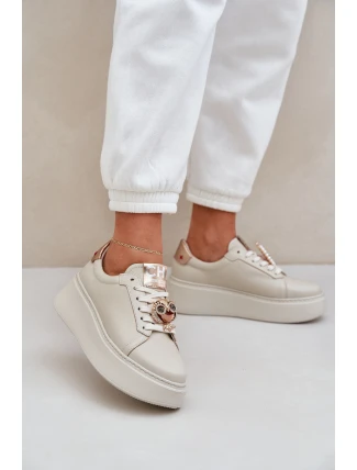 Damskie Skórzane Sneakersy CheBello 4411 Jasnobeżowe