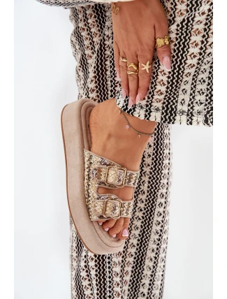 Klapki Damskie Na Platformie Z Klamrami I Plecionką Khaki Limme