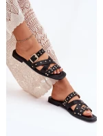 Zdobione Klapki Damskie Na Płaskim Obcasie Z Paskami I Klamrą Czarne Manitte