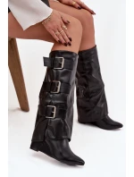 Dámské kozačky na platformě s ohnutým horním lemem a stříbrnými přezkami Černé Sarisse