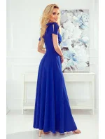 ELENA - Dlhé dámske šaty v nevädzovej farbe s výstrihom a zaväzovaním na ramenách 405-2 ELENA - Dlhé dámske šaty v nevädzovej farbe s výstrihom a zaväzovaním na ramenách 405-2