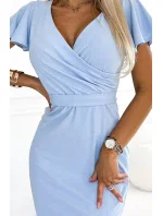 479-6 Šaty NINA s obálkovým výstrihom, rukávmi a opaskom - MODRÉ