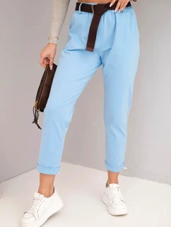 Dámske bavlnené nohavice s opaskom a ohrnutým lemom modré