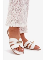 Płaskie Klapki Damskie Z Paseczkiem I Złotym Detalem Białe Kerenza