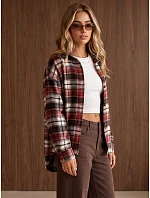 Dámska oversize flanelová košeľa s kockovaným vzorom v bordovej farbe FashionStreet DY0502