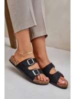 Materiałowe Klapki Na Korkowej Podeszwie Z Klamrami Czarne Atera