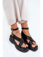 Sandały Damskie Na Platformie I Koturnie Eko Skórzane Czarne Tenzorus