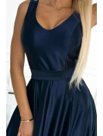 508-1 CINDY dlhé saténové šaty s výstrihom a mašľou - ZELENÉ