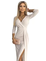 404-3 Dlhé trblietavé šaty s výstrihom a rozparkom na nohách - béžové s trblietkami