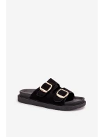 Klapki Damskie Na Platformie Ze Złotymi Klamrami Czarne Verena