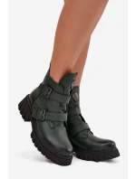 Skórzane Ocieplane Botki Damskie Z Klamrami I Ozdobnym Detalem Zazoo 60482 Ciemnozielone