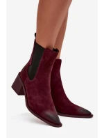 Skórzane Zamszowe Botki Damskie Na Słupku Ocieplane Artiker 57C0048 Bordowe