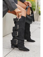 Kozaki Damskie Na Słupku Z Wywiniętą Cholewką I Złotymi Klamrami Eko Zamszowe Czarne Isavelle