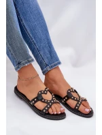 Zdobione Płaskie Klapki Damskie Czarne Adivrae