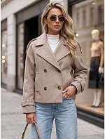 Krátky dámsky dvojradový kabát s klopami, farba fango, FashionStreet TY6015 Krátky dámsky dvojradový kabát s klopami, farba fango, FashionStreet TY6015