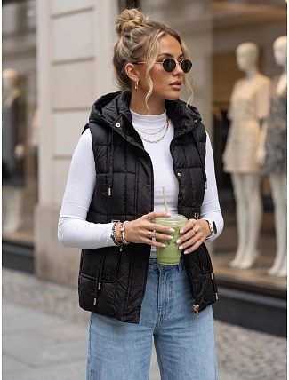 Dámska prešívaná vesta s kapucňou, čierna, FashionStreet TY5973 Dámska prešívaná vesta s kapucňou, čierna, FashionStreet TY5973