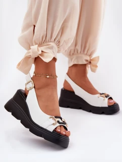 Skórzane Sandały Damskie Na Koturnie I Platformie Z Ozdobą Artiker 56C1588 Białe