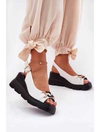 Skórzane Sandały Damskie Na Koturnie I Platformie Z Ozdobą Artiker 56C1588 Białe