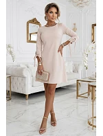 195-12 ALICE Trapézové mini šaty s mašľou a viazanými rukávmi - béžové